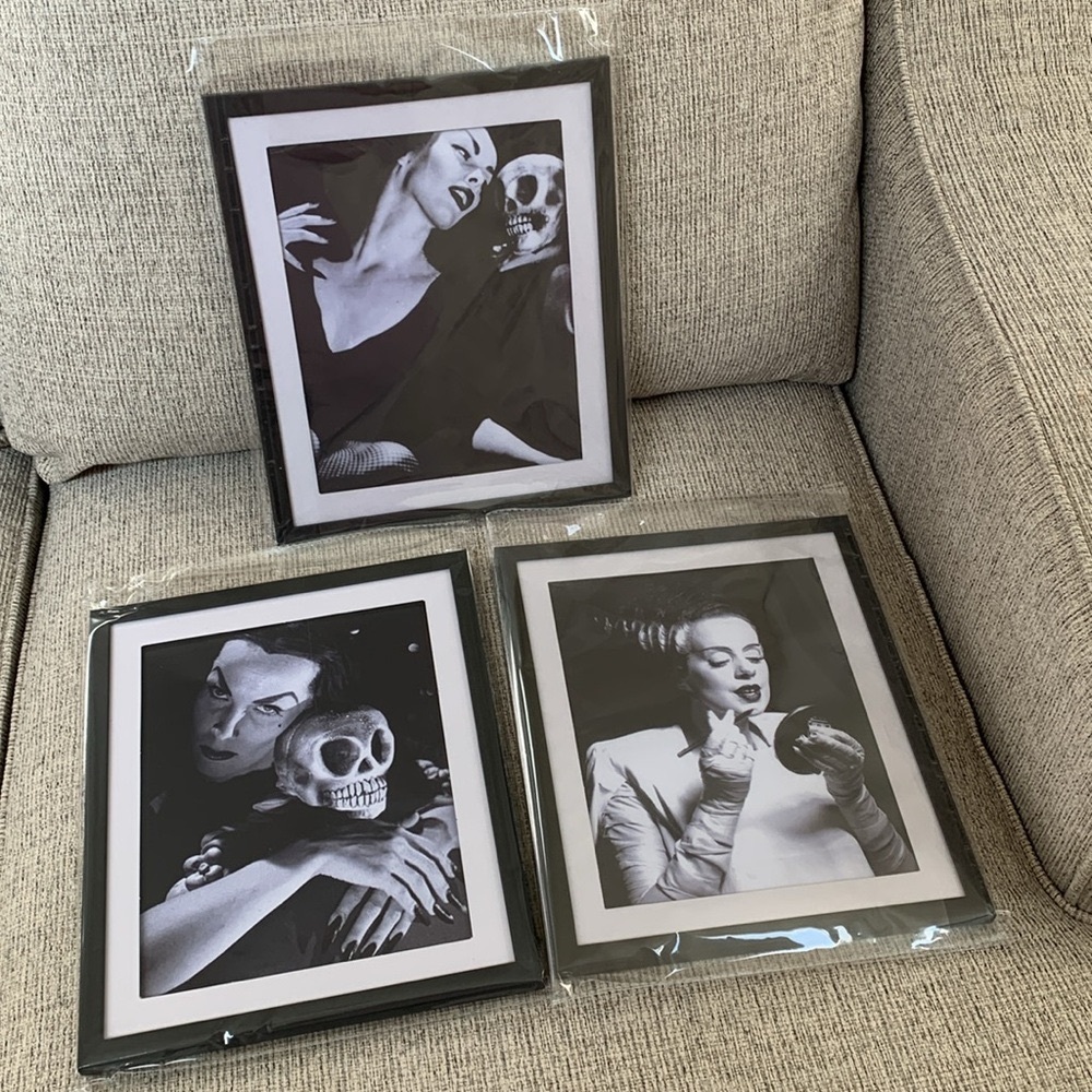 3 Black & White Halloween Art Print Set Vampira w skull, Bride of Frankenstein - Picture 9 of 16